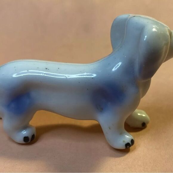 Porcelain Mini Puppy Dog Dachshund Figurine Vintage White W Blue - Picture 5 of 8